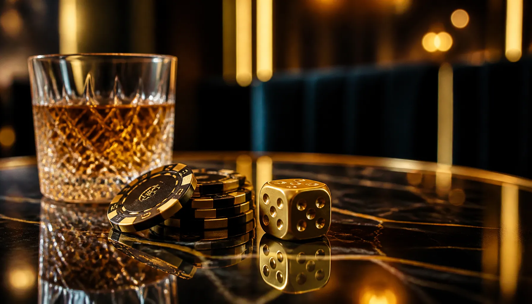 Gleaming gold coins and ornate casino chips scattered on a rich velvet surface with warm cinematic lighting