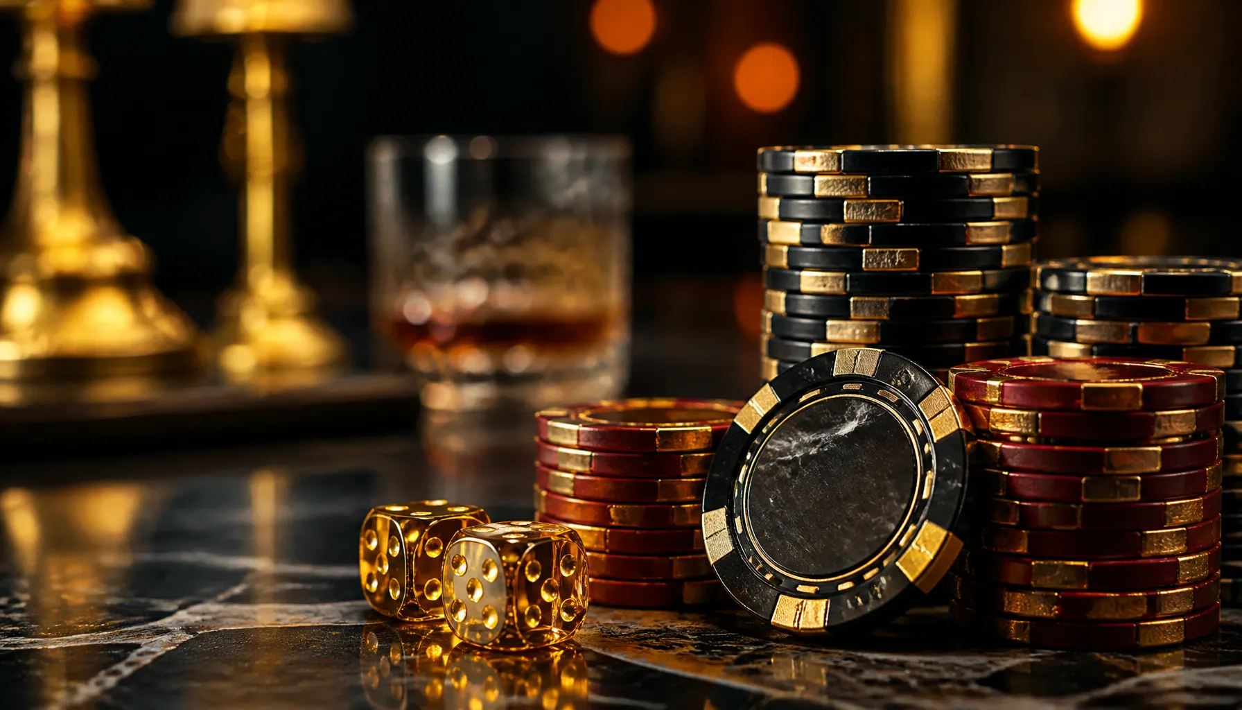 Gleaming gold coins and ornate casino chips scattered on a rich velvet surface with warm cinematic lighting