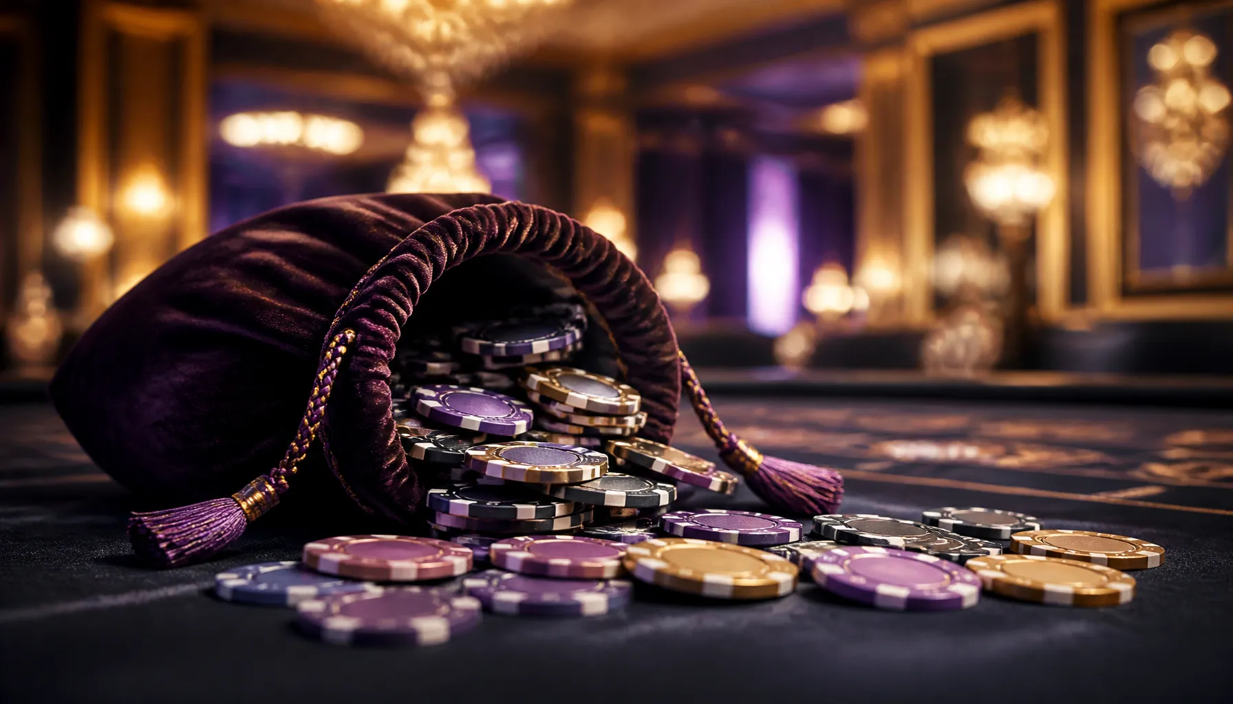 Gleaming gold coins and ornate casino chips scattered on a rich velvet surface with warm cinematic lighting