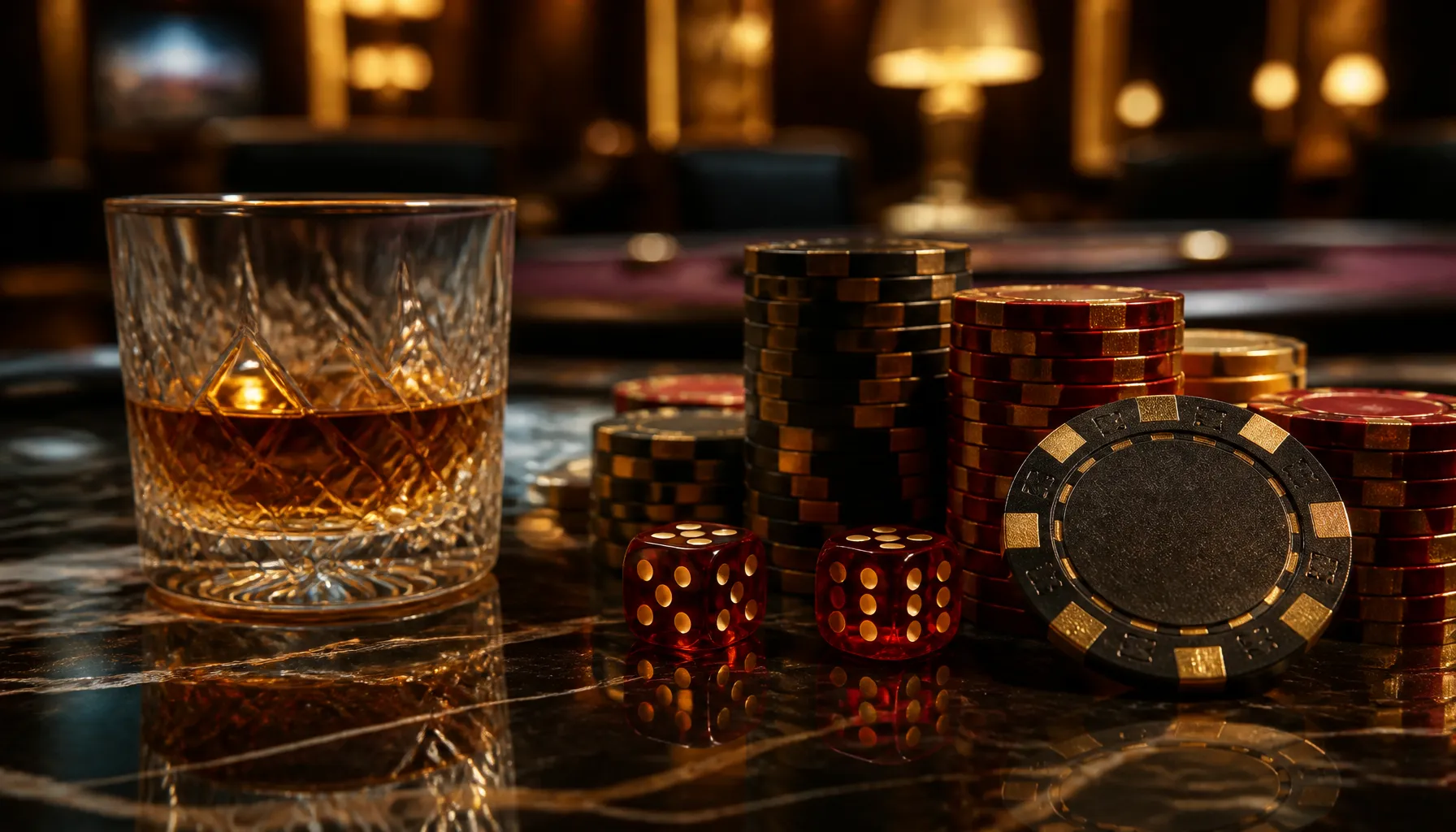 Gleaming gold coins and ornate casino chips scattered on a rich velvet surface with warm cinematic lighting